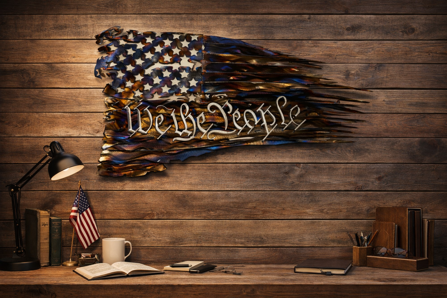 Tattered American Flag with “We the People” – Heat Treated Steel Wall Art