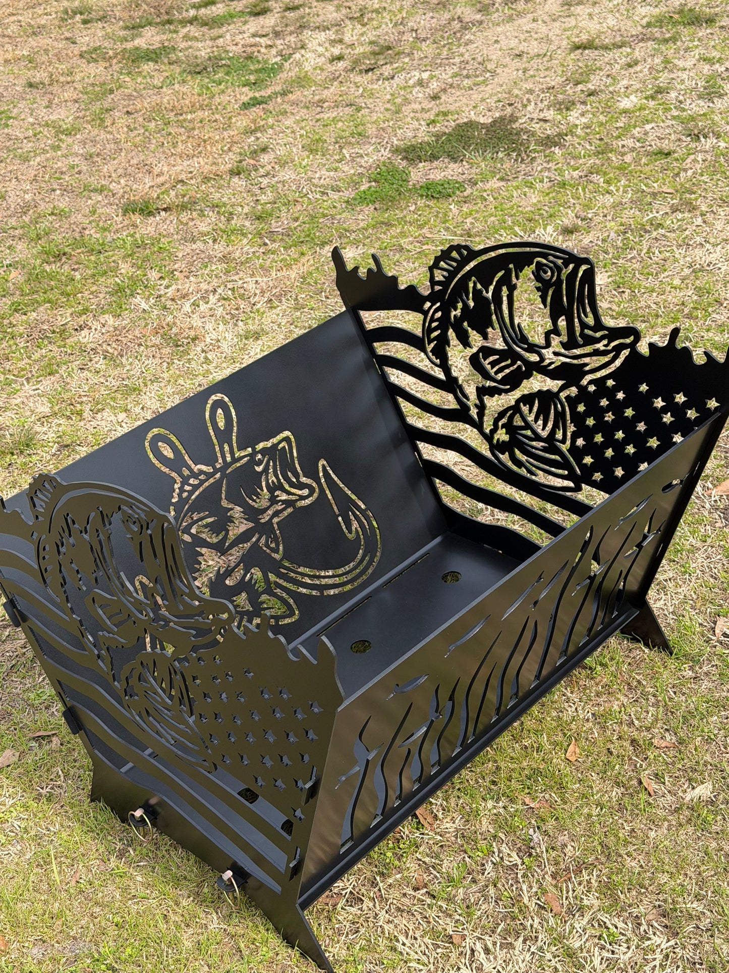 American flag bass and buck fire pit.