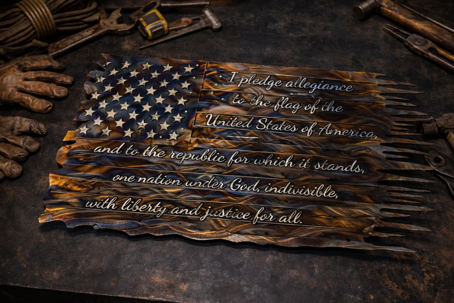 Tattered American Flag with Pledge of Allegiance – Heat Treated Steel Wall Art