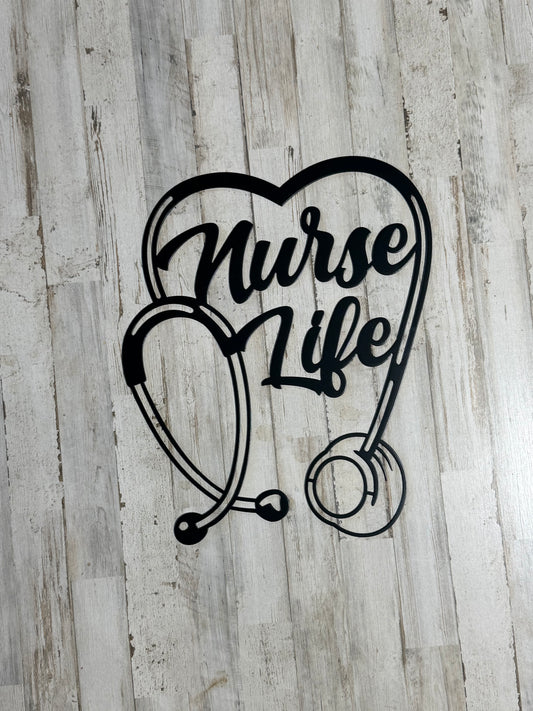 Nurse Life Metal Wall Art Sign – Stethoscope Heart Design – Powder Coated Steel – Nurse Gift