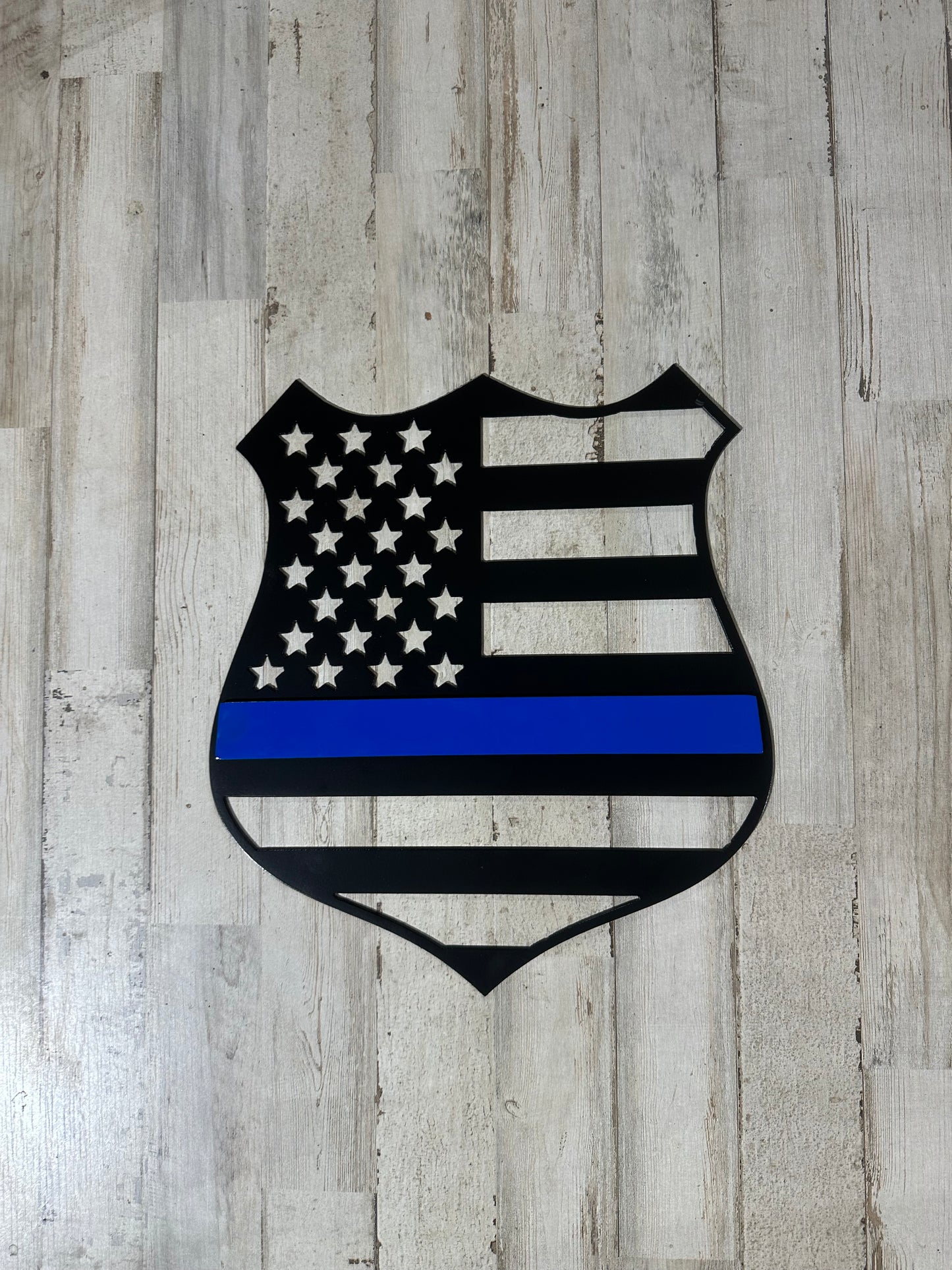 Thin Blue Line American Flag Police Badge – Powder Coated Steel Wall Sign