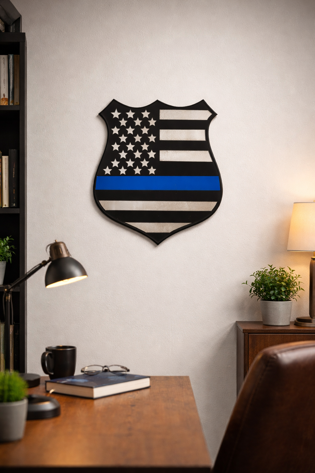 Thin Blue Line American Flag Police Badge – Powder Coated Steel Wall Sign