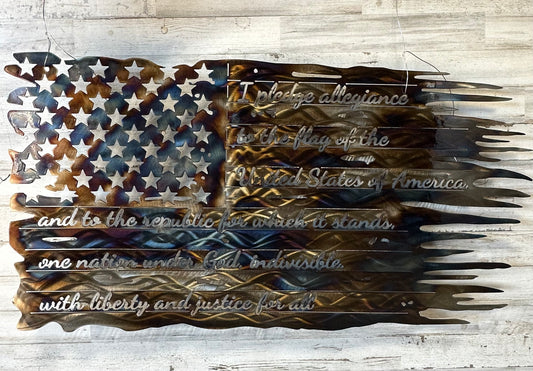 Tattered American Flag with Pledge of Allegiance – Heat Treated Steel Wall Art