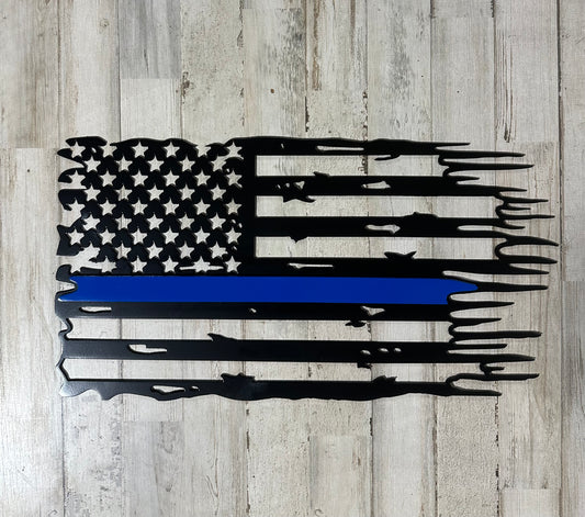 Thin Blue Line Tattered American Flag – Powder Coated Steel Wall Sign