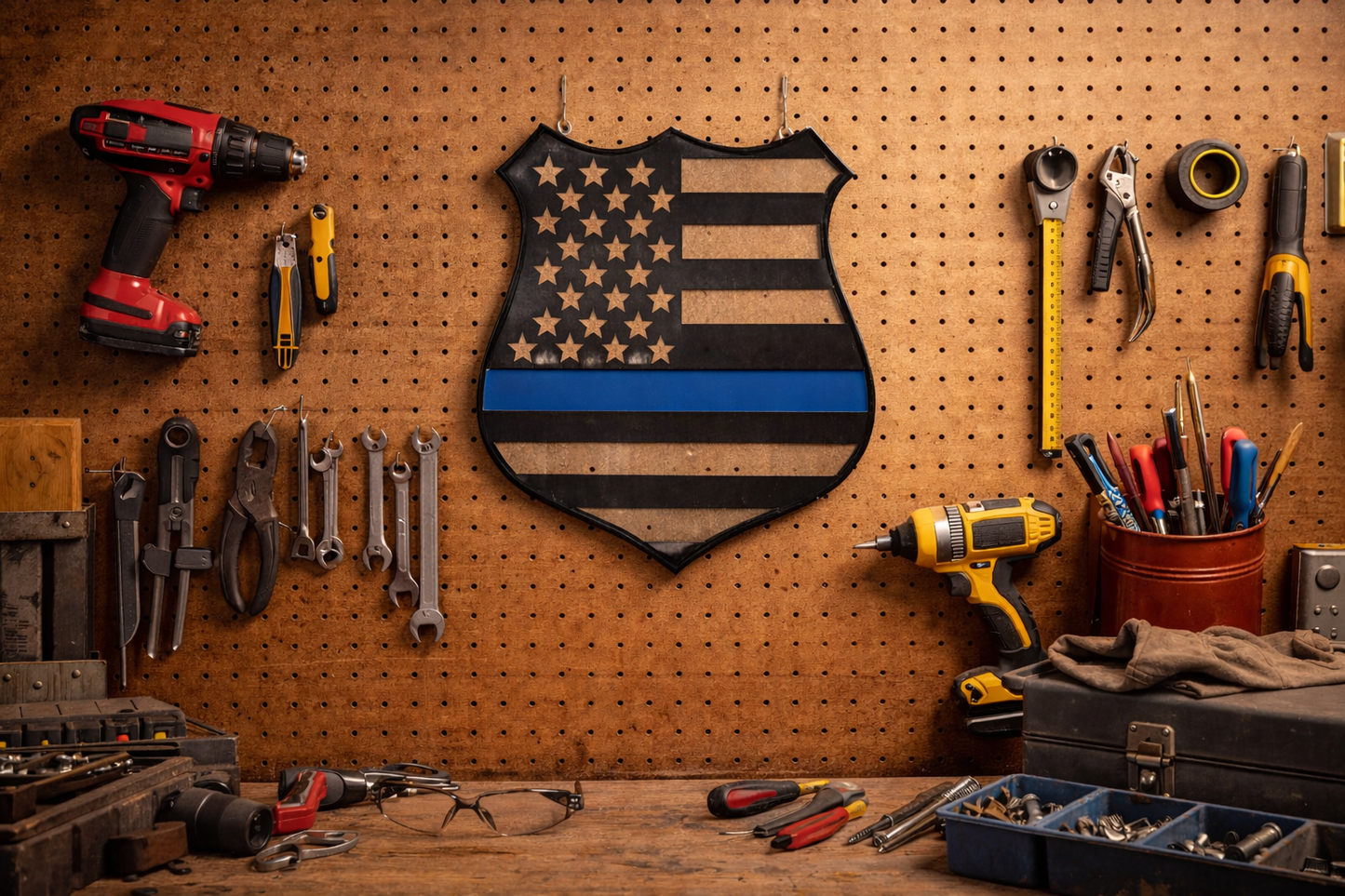 Thin Blue Line American Flag Police Badge – Powder Coated Steel Wall Sign