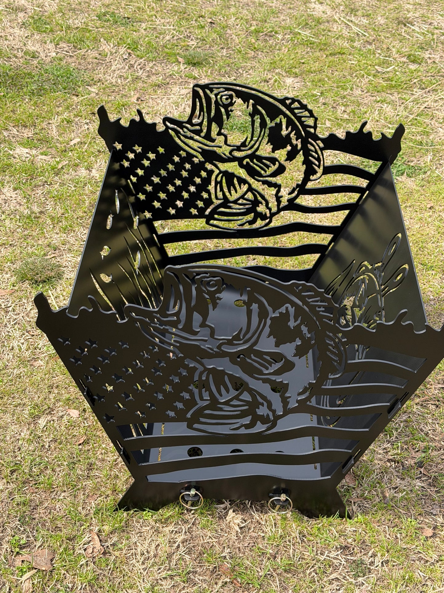 American flag bass and buck fire pit.