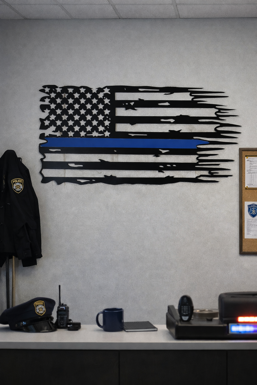 Thin Blue Line Tattered American Flag – Powder Coated Steel Wall Sign