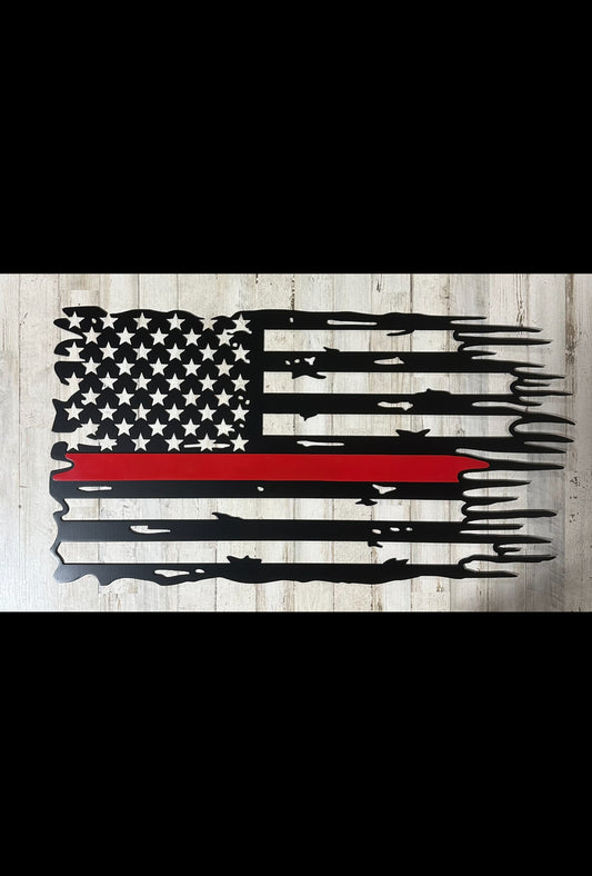 Thin Red Line Tattered American Flag – 14 Gauge Steel Firefighter Edition