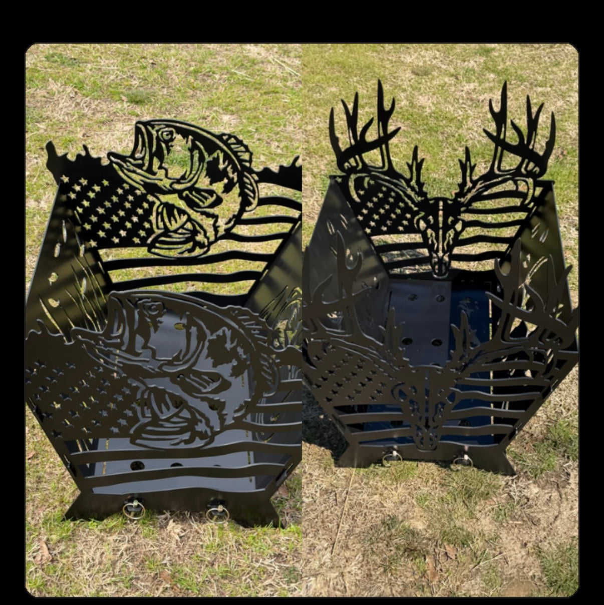 American flag bass and buck fire pit.