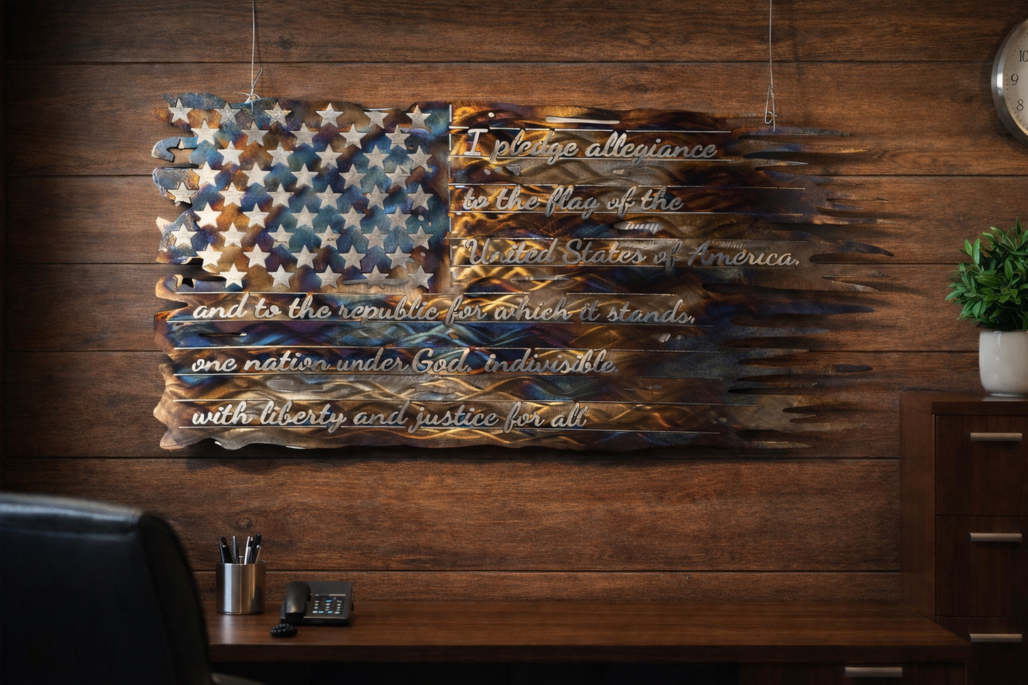 Tattered American Flag with Pledge of Allegiance – Heat Treated Steel Wall Art