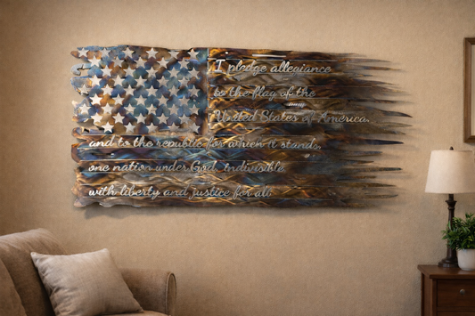 Tattered American Flag with Pledge of Allegiance – Heat Treated Steel Wall Art